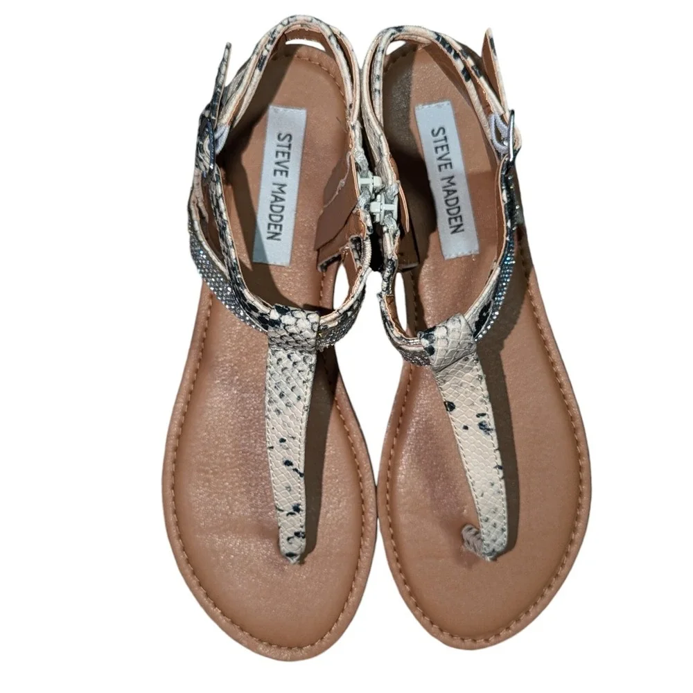 New Steve Madden Women Leven SnakeSkin‎ W/Rhinestone  Sandals Cream Size 8M B2